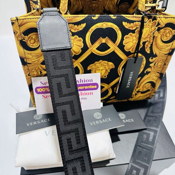 Versace Medusa Black Gold Canvas Medium Tote Greca Strap Bag NWT $1,275 - Picture 7 of 15